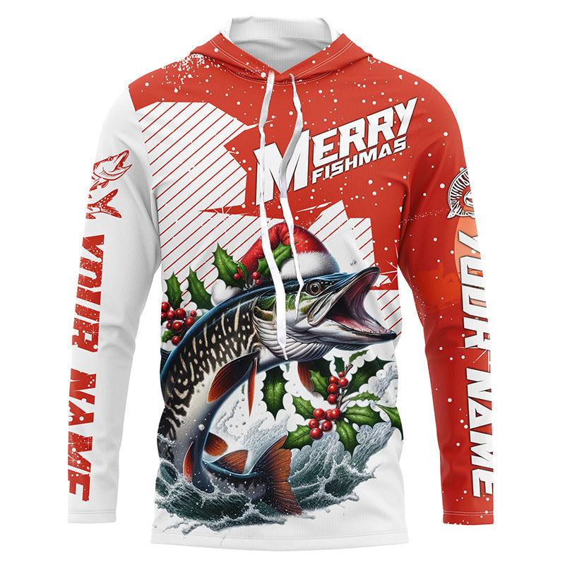 Merry Fishmas Custom Musky Long Sleeve Christmas Fishing, Personalized Xmas Fishing Gifts