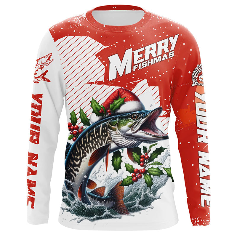Merry Fishmas Custom Musky Long Sleeve Christmas Fishing, Personalized Xmas Fishing Gifts