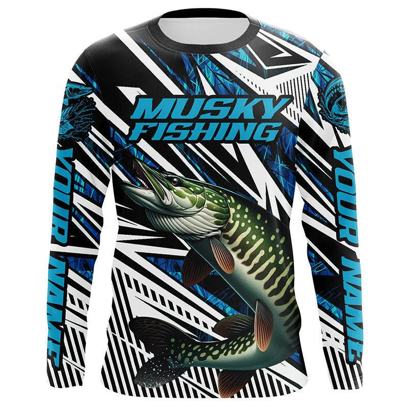 Musky Fishing Custom Long Sleeve Tournament, Blue Grass Camo Musky Fishing