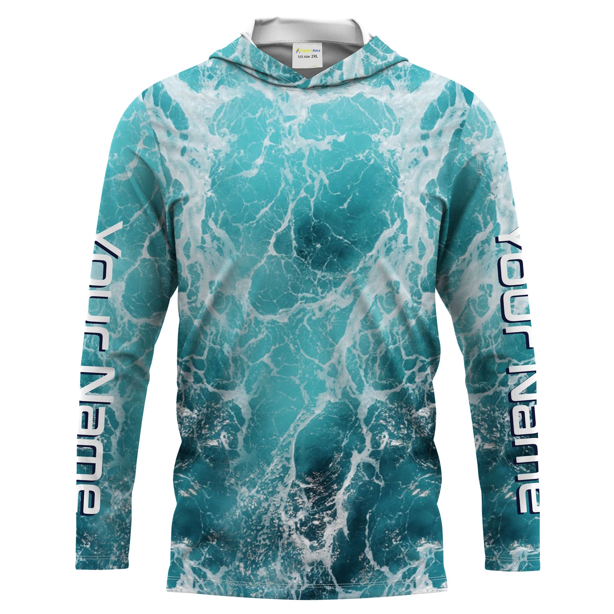 Custom Saltwater Long Sleeve performance Fishing, blue Sea wave camo Fishing