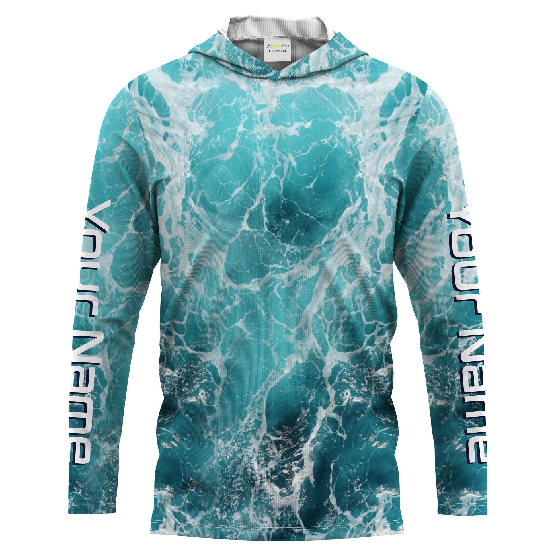 Custom Saltwater Long Sleeve performance Fishing, blue Sea wave camo Fishing