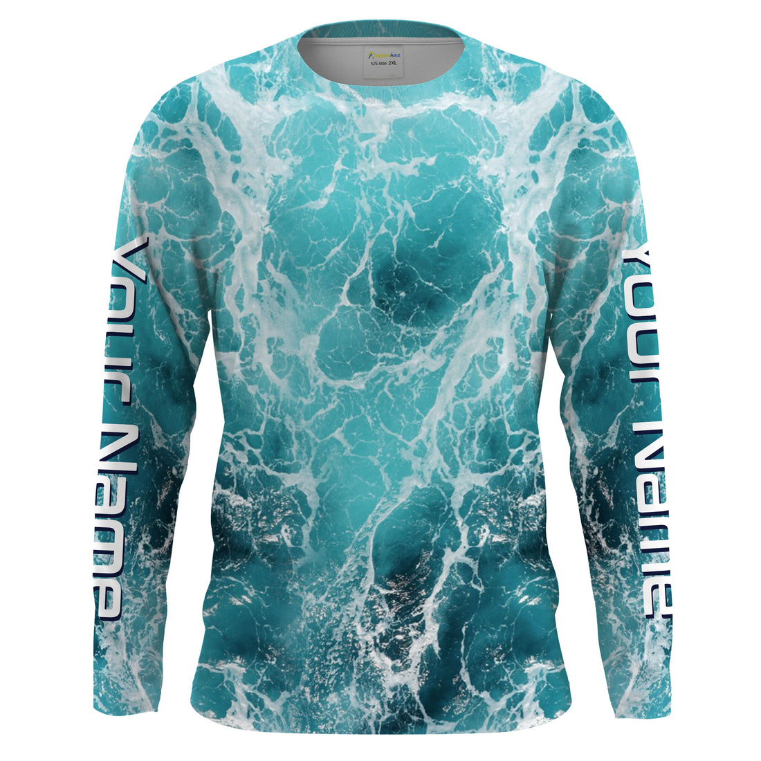 Custom Saltwater Long Sleeve performance Fishing, blue Sea wave camo Fishing