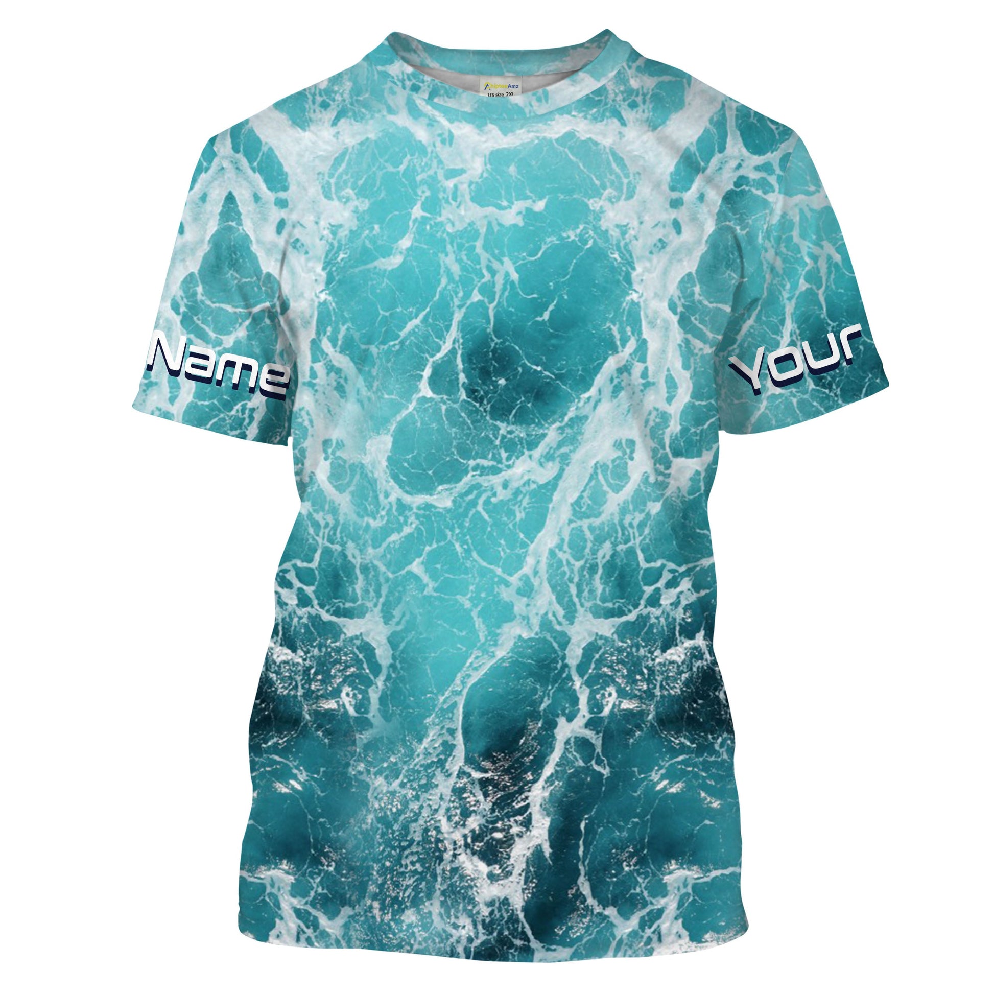 Custom Saltwater Long Sleeve performance Fishing, blue Sea wave camo Fishing