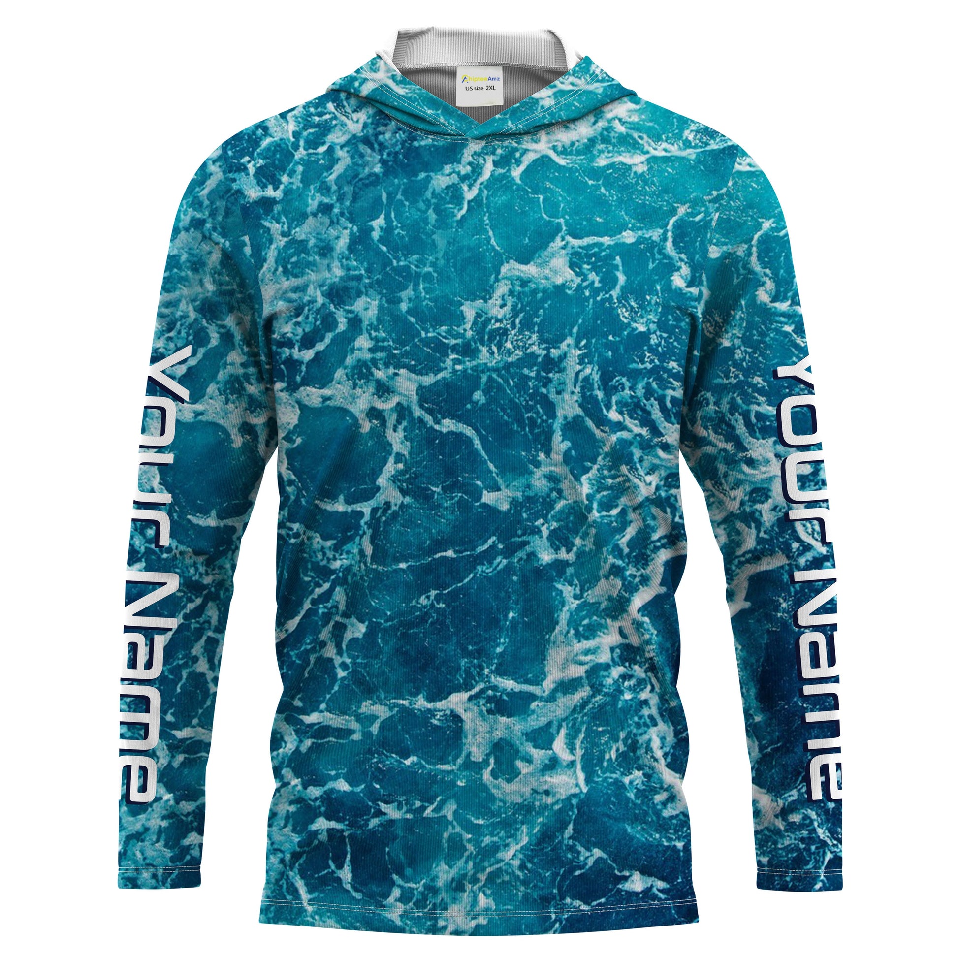 Custom Saltwater Long Sleeve performance Fishing for anglers | teal blue Sea wave camo Fishing