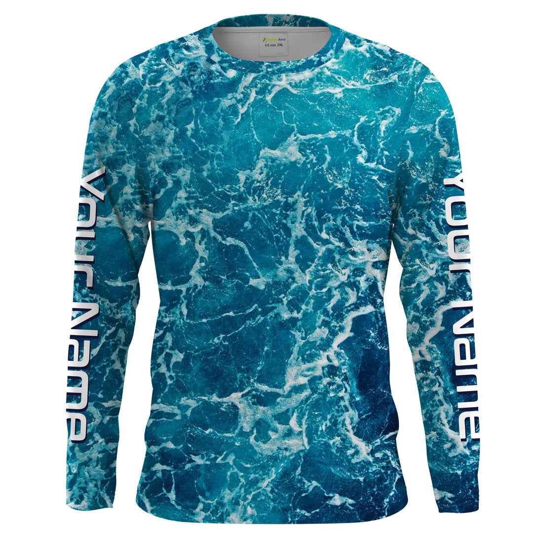 Custom Saltwater Long Sleeve performance Fishing for anglers | teal blue Sea wave camo Fishing