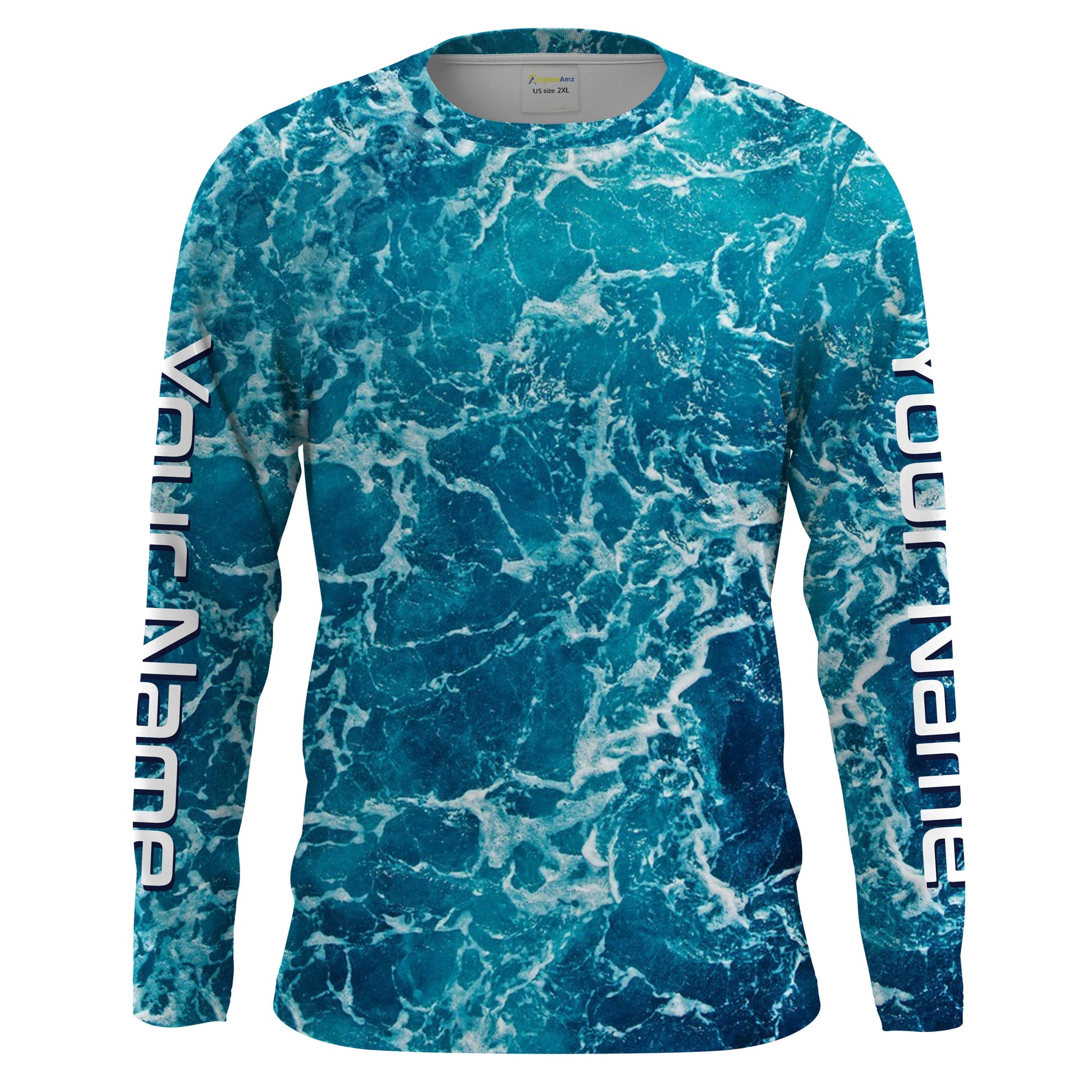 Custom Saltwater Long Sleeve performance Fishing for anglers | teal blue Sea wave camo Fishing