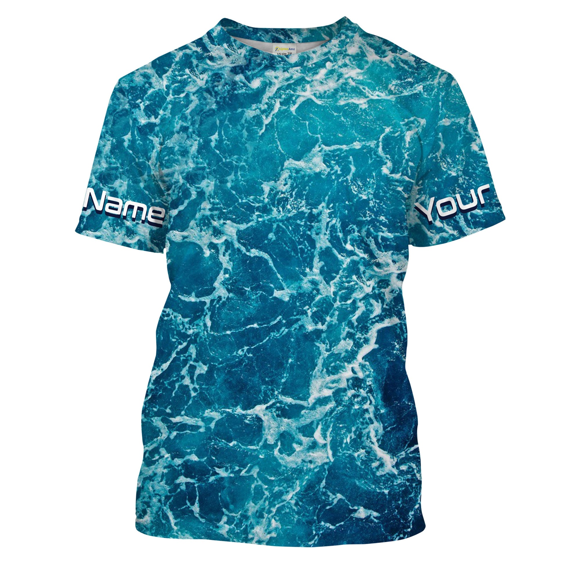 Custom Saltwater Long Sleeve performance Fishing for anglers | teal blue Sea wave camo Fishing