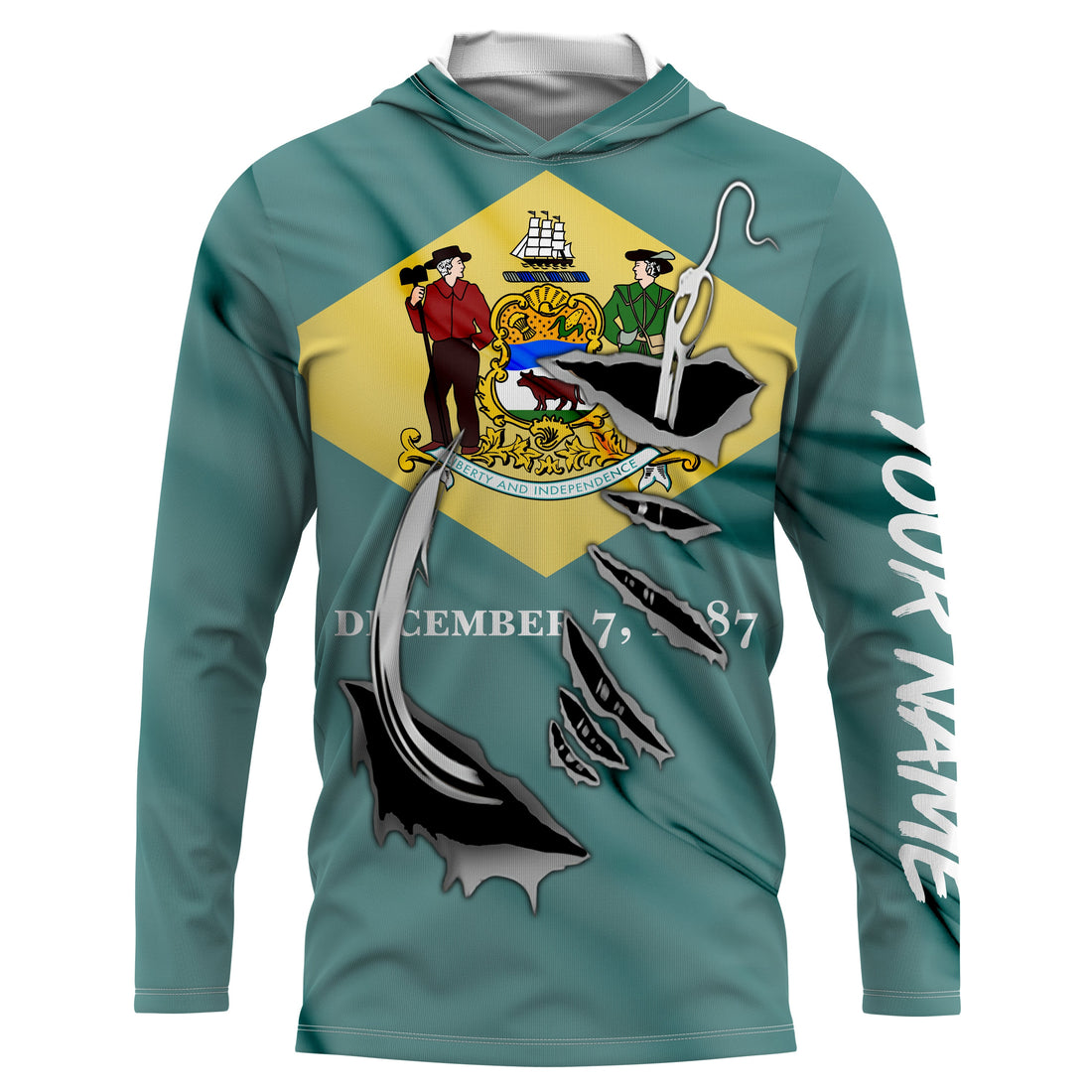 Delaware Flag 3D Fish Hook UV Protection Custom Long Sleeve performance Fishing IPHW487