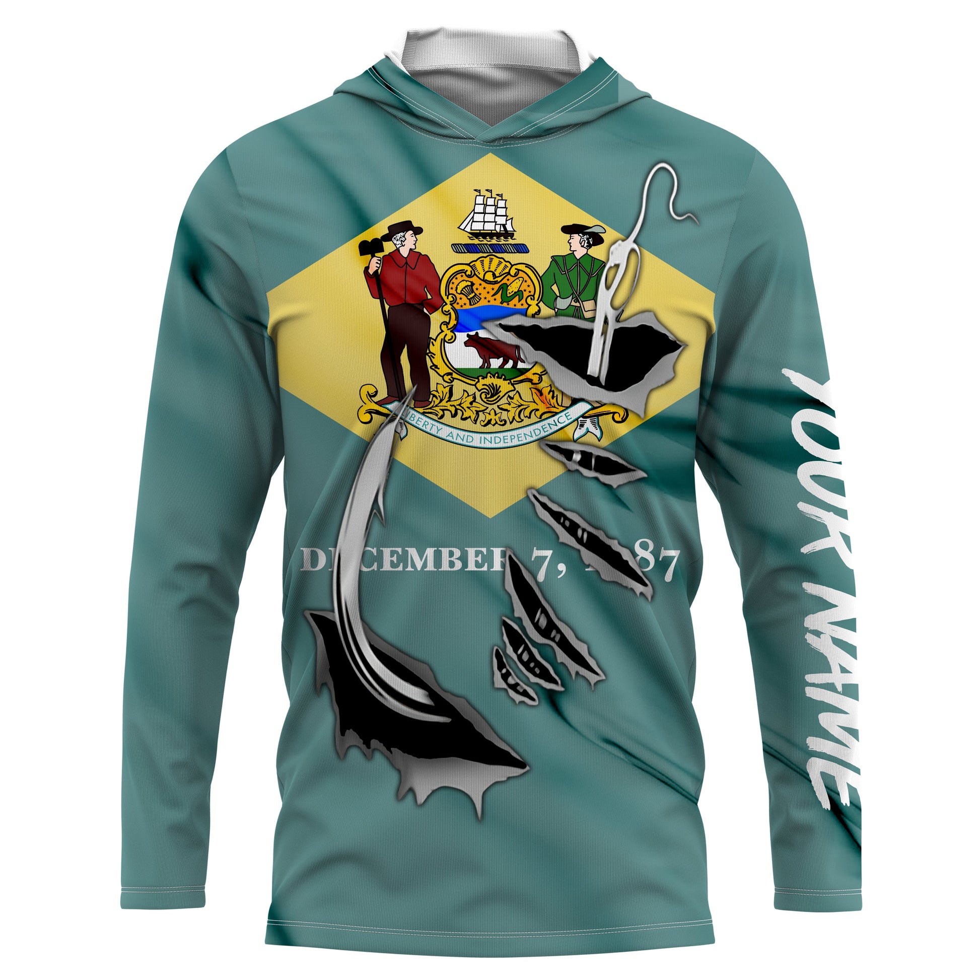 Delaware Flag 3D Fish Hook UV Protection Custom Long Sleeve performance Fishing IPHW487