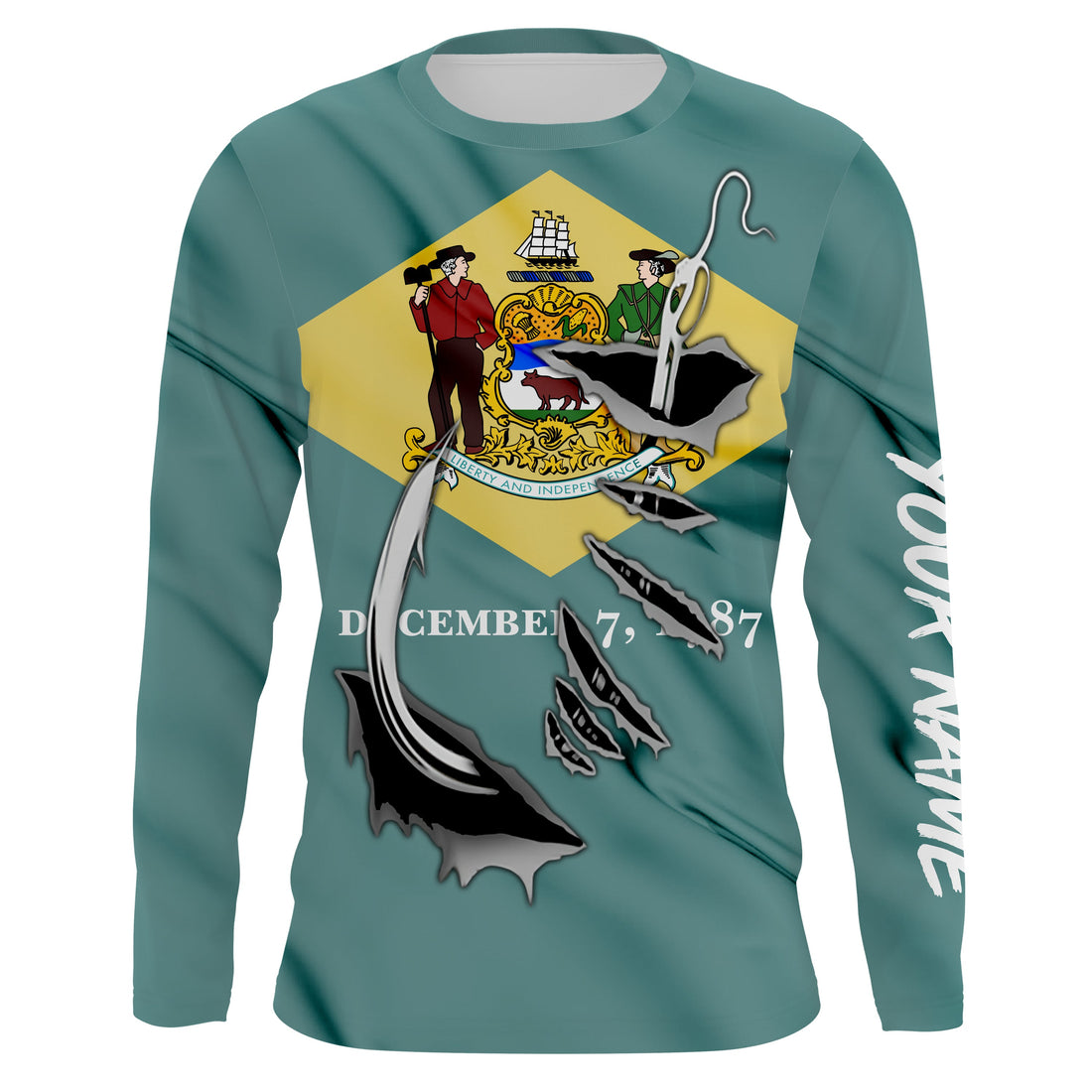 Delaware Flag 3D Fish Hook UV Protection Custom Long Sleeve performance Fishing IPHW487