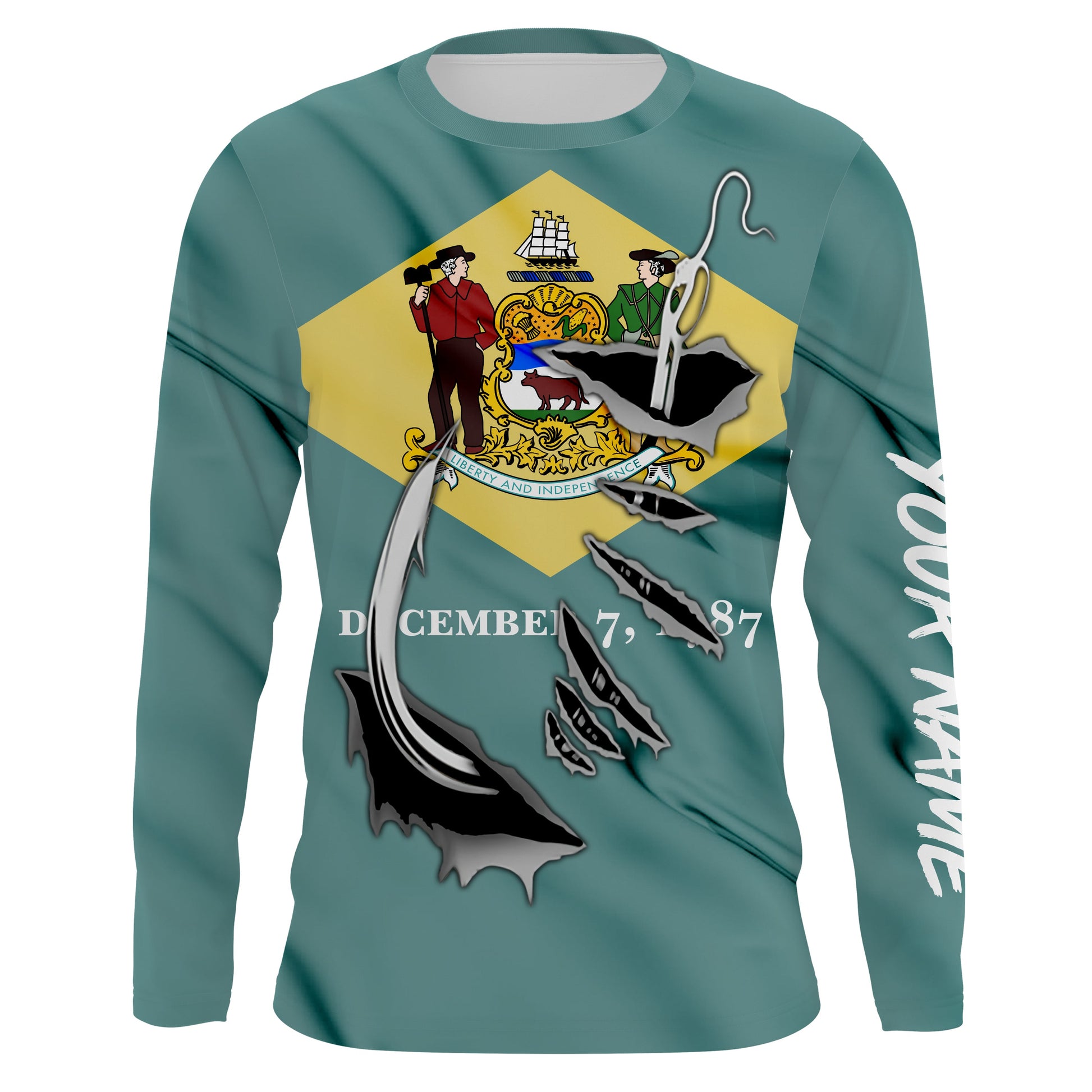 Delaware Flag 3D Fish Hook UV Protection Custom Long Sleeve performance Fishing IPHW487