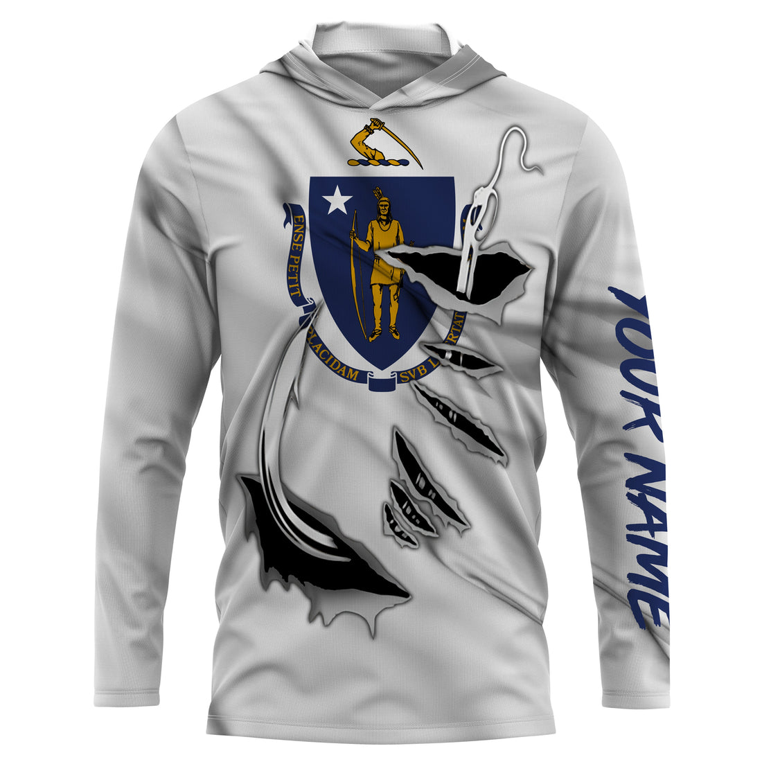 Massachusetts Flag 3D Fish Hook UV Protection Custom Long Sleeve performance Fishing IPHW494