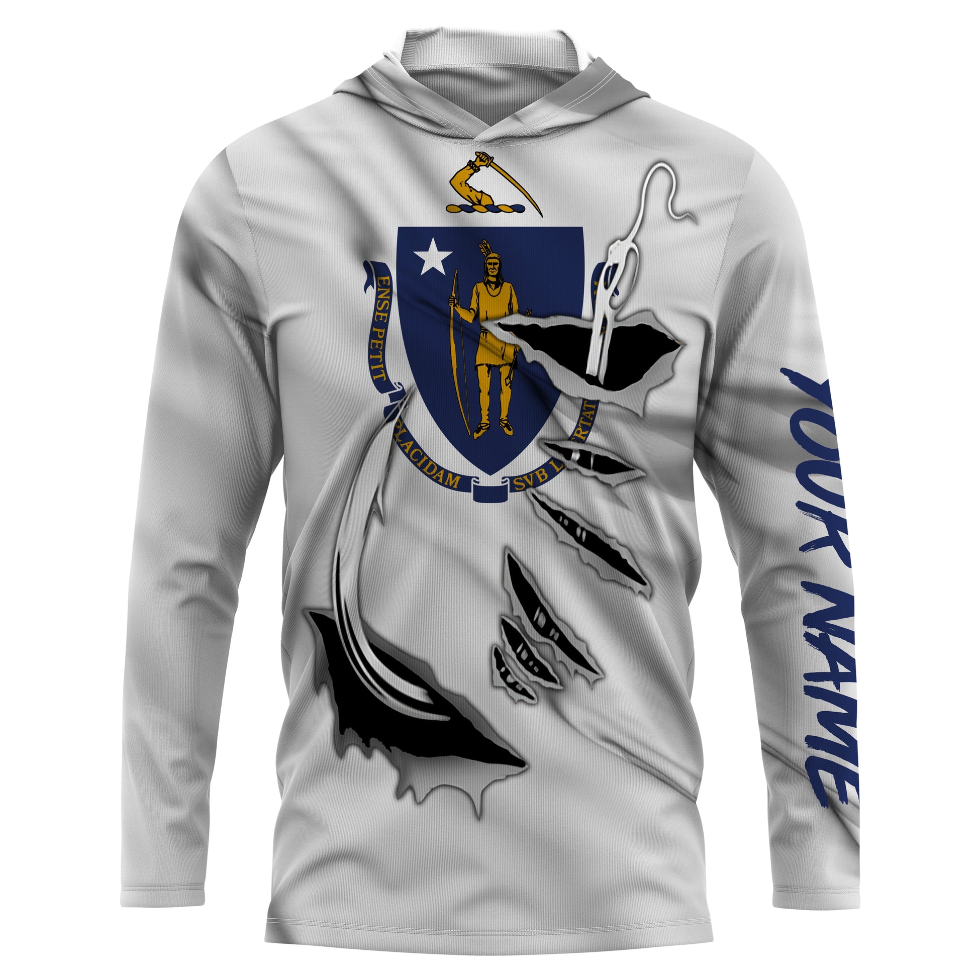 Massachusetts Flag 3D Fish Hook UV Protection Custom Long Sleeve performance Fishing IPHW494