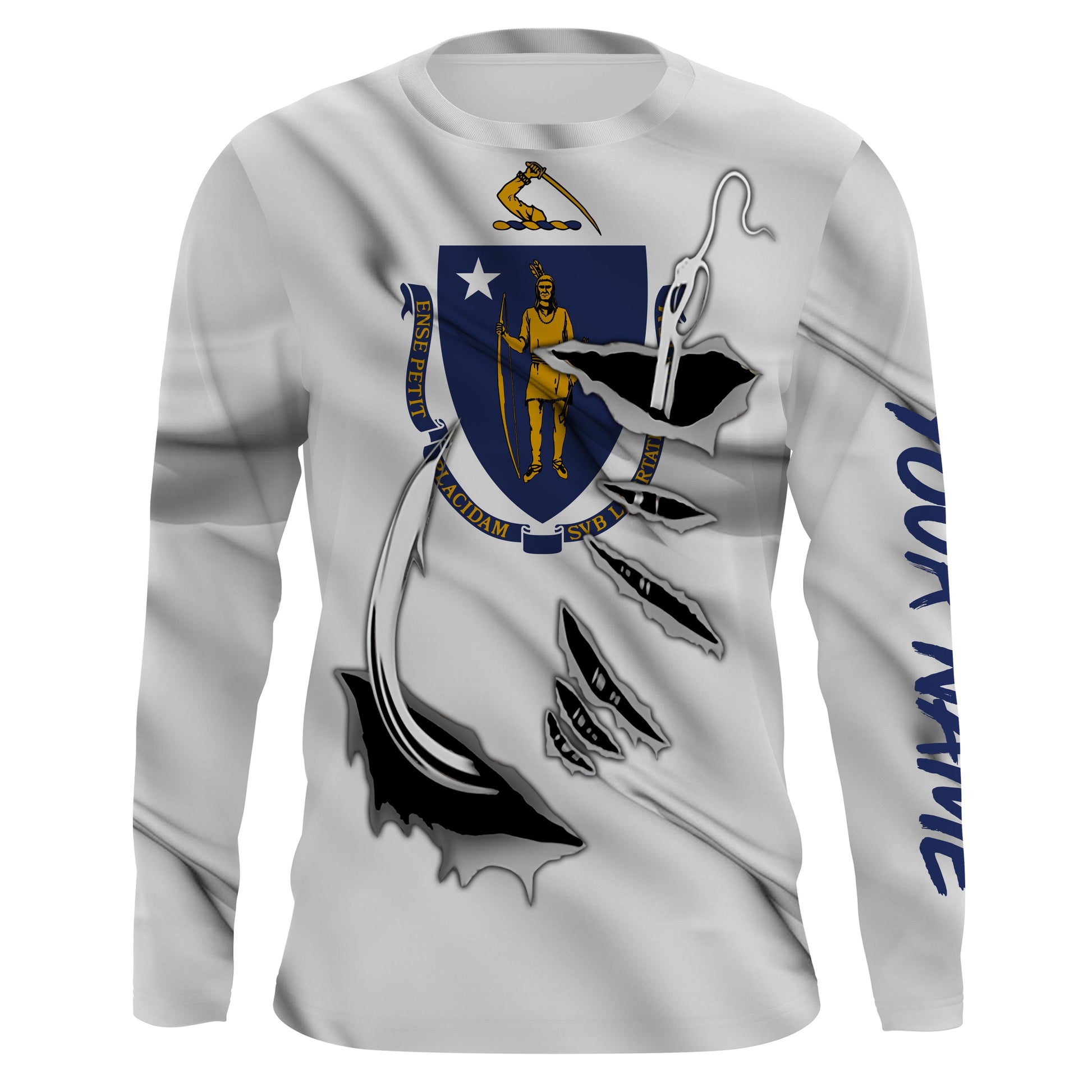 Massachusetts Flag 3D Fish Hook UV Protection Custom Long Sleeve performance Fishing IPHW494