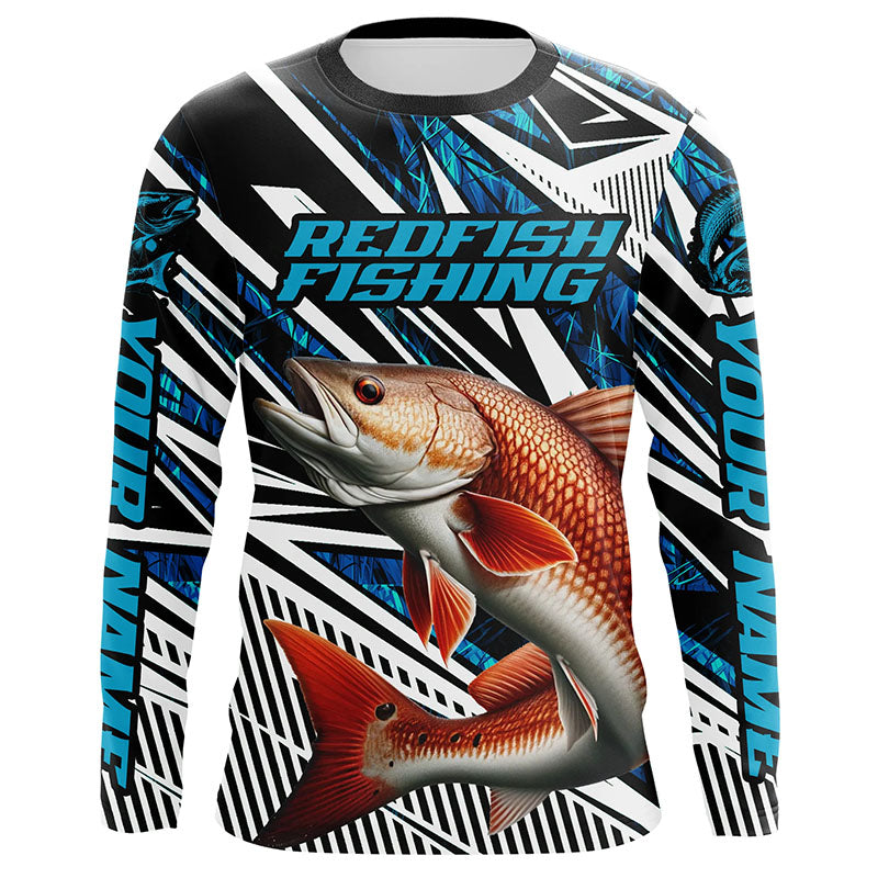 Custom Redfish Puppy Drum Long Sleeve Tournament Fishing, Redfish Fishing | Blue Camo