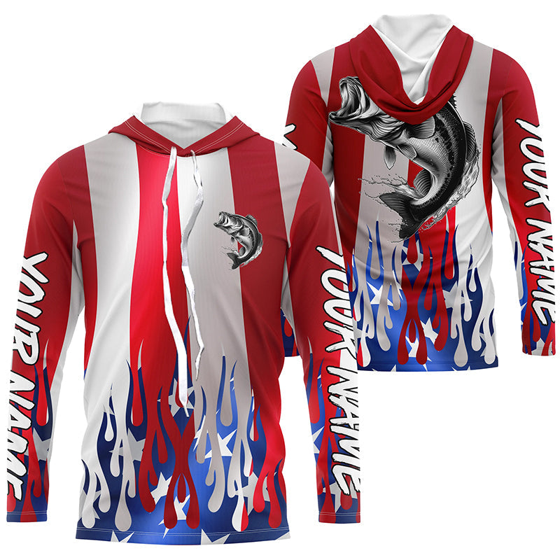 Custom 3D Flame American Flag Bass Long Sleeve Fishing, Patriotic Bass Fishing