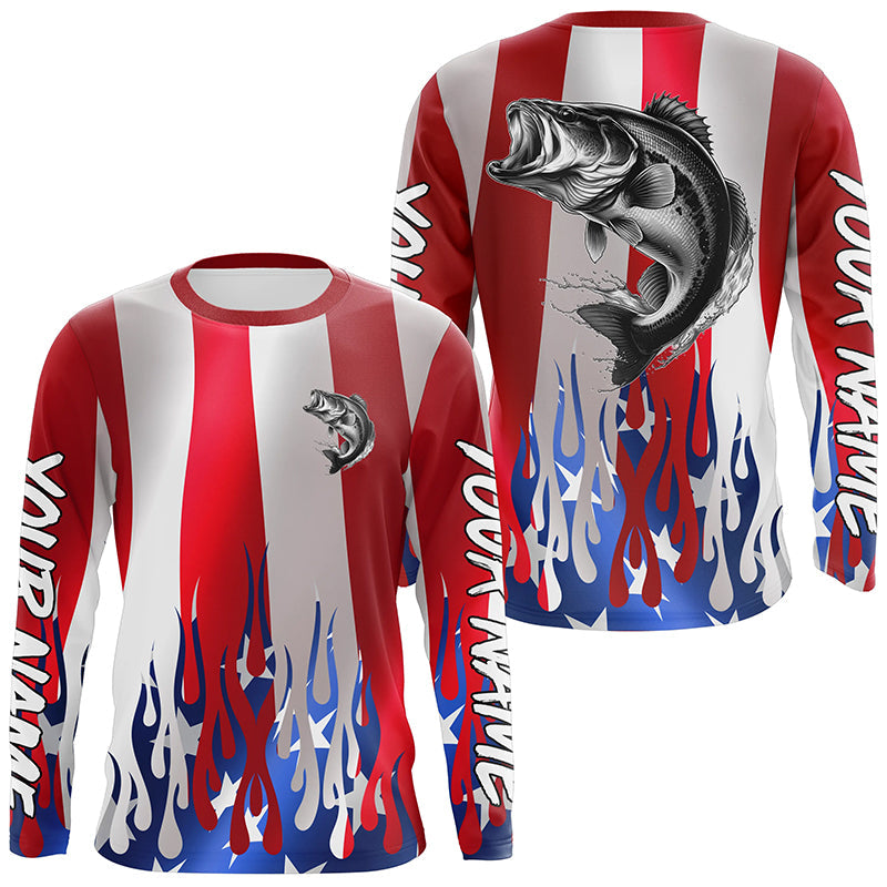 Custom 3D Flame American Flag Bass Long Sleeve Fishing, Patriotic Bass Fishing