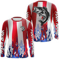 Custom 3D Flame American Flag Bass Long Sleeve Fishing, Patriotic Bass Fishing