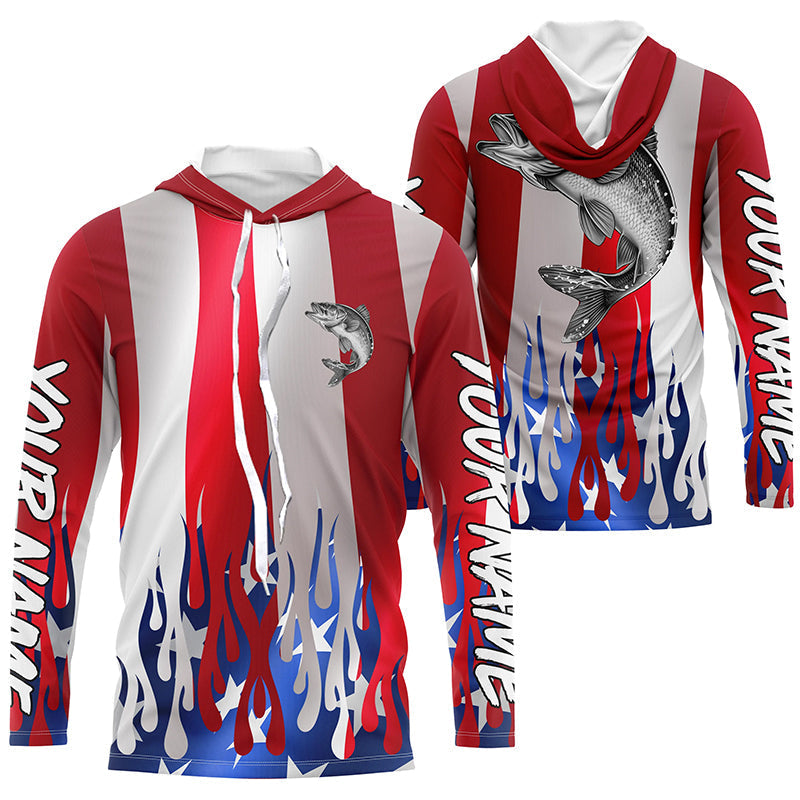 Custom 3D Flame American Flag Walleye Long Sleeve Fishing, Patriotic Walleye Fishing