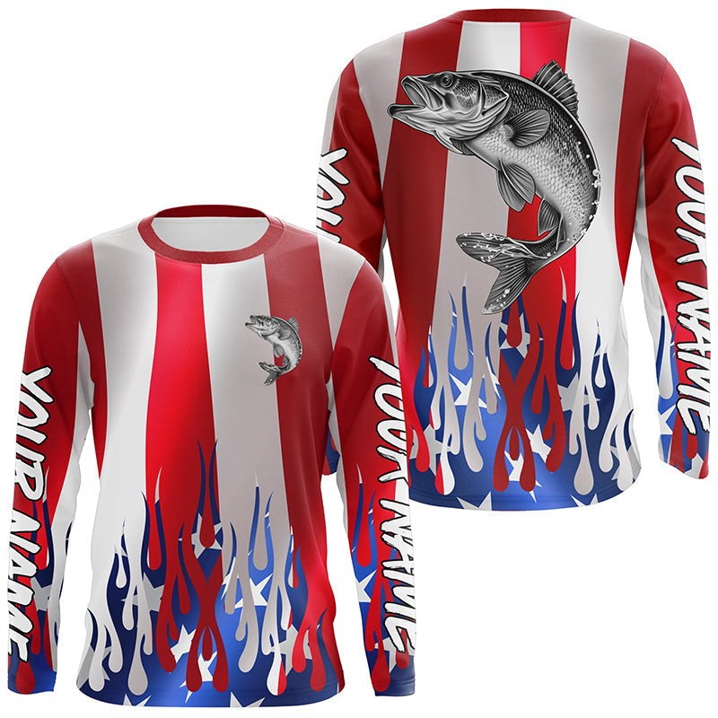 Custom 3D Flame American Flag Walleye Long Sleeve Fishing, Patriotic Walleye Fishing