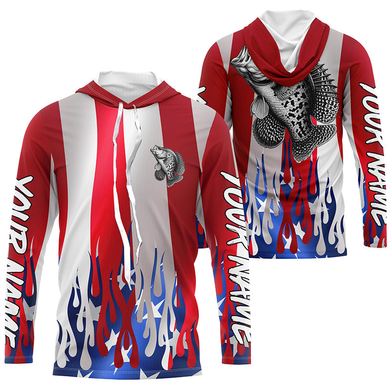Custom 3D Flame American Flag Crappie Long Sleeve Fishing, Patriotic Crappie Fishing
