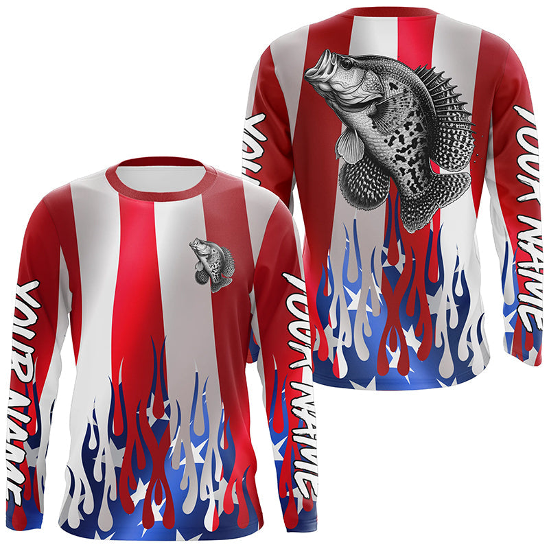 Custom 3D Flame American Flag Crappie Long Sleeve Fishing, Patriotic Crappie Fishing