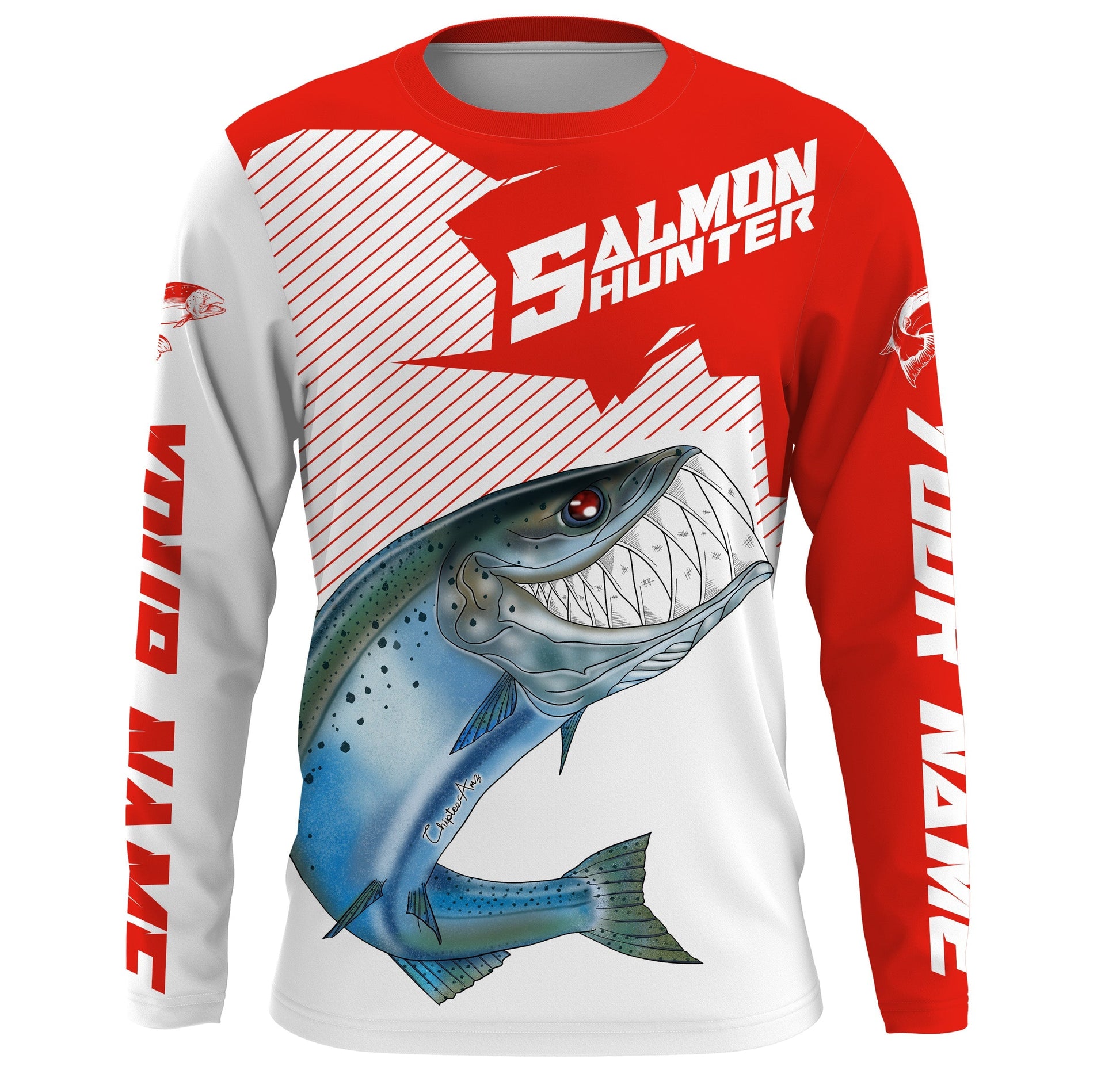 Angry Chinook King Salmon Custom Long sleeve Fishing, Salmon hunter Fishing | red