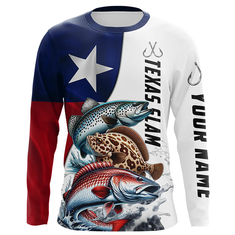 Texas Slam Redfish, Trout, Flounder Custom Long Sleeve Fishing, Texas Flag Fishing