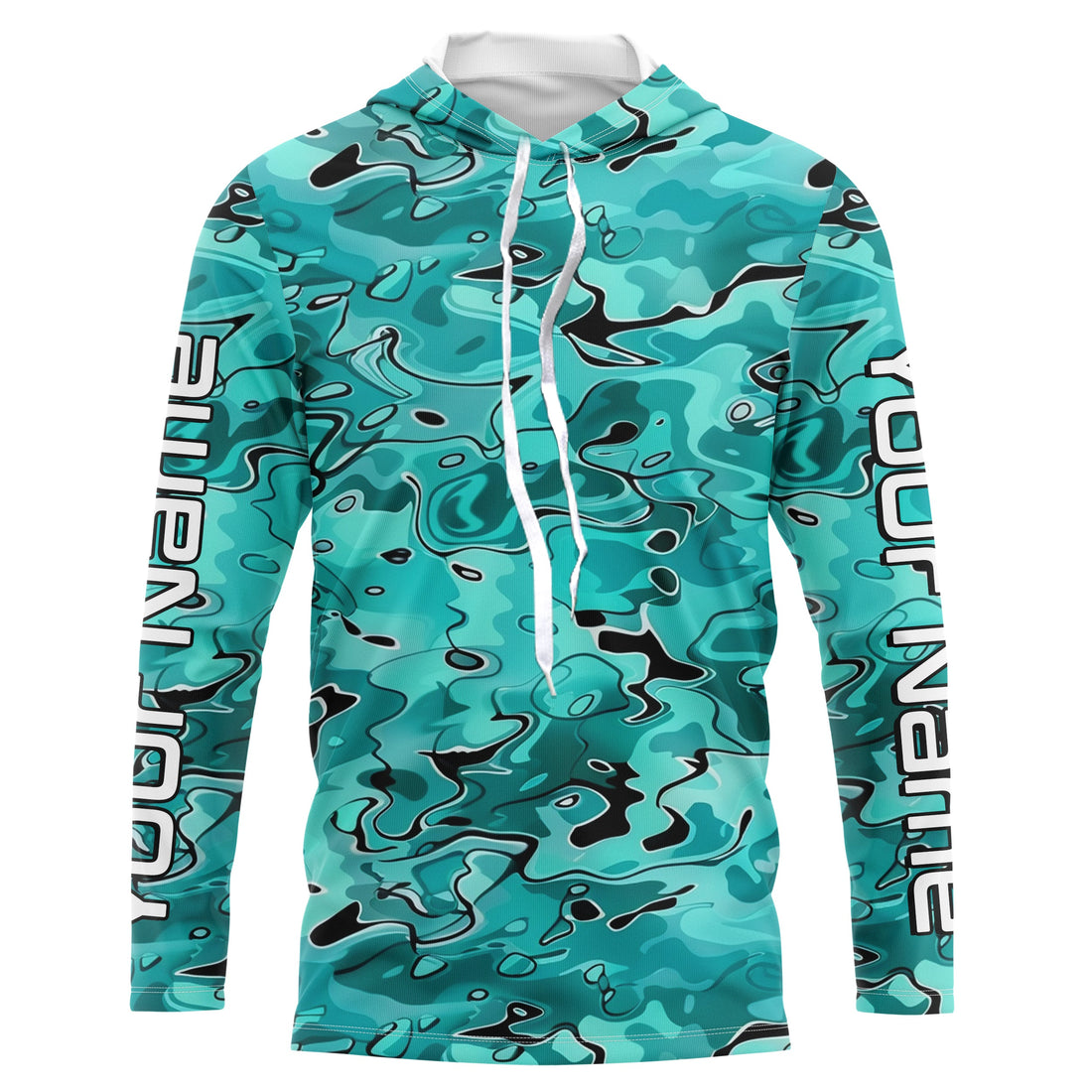 Turquoise Blue Camo Custom Long Sleeve Performance Fishing, Blue Camouflage Fishing