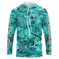 Turquoise Blue Camo Custom Long Sleeve Performance Fishing, Blue Camouflage Fishing