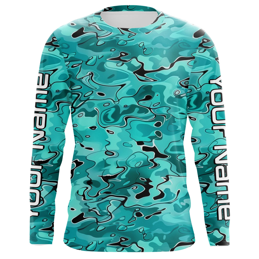 Turquoise Blue Camo Custom Long Sleeve Performance Fishing, Blue Camouflage Fishing