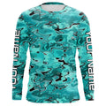 Turquoise Blue Camo Custom Long Sleeve Performance Fishing, Blue Camouflage Fishing