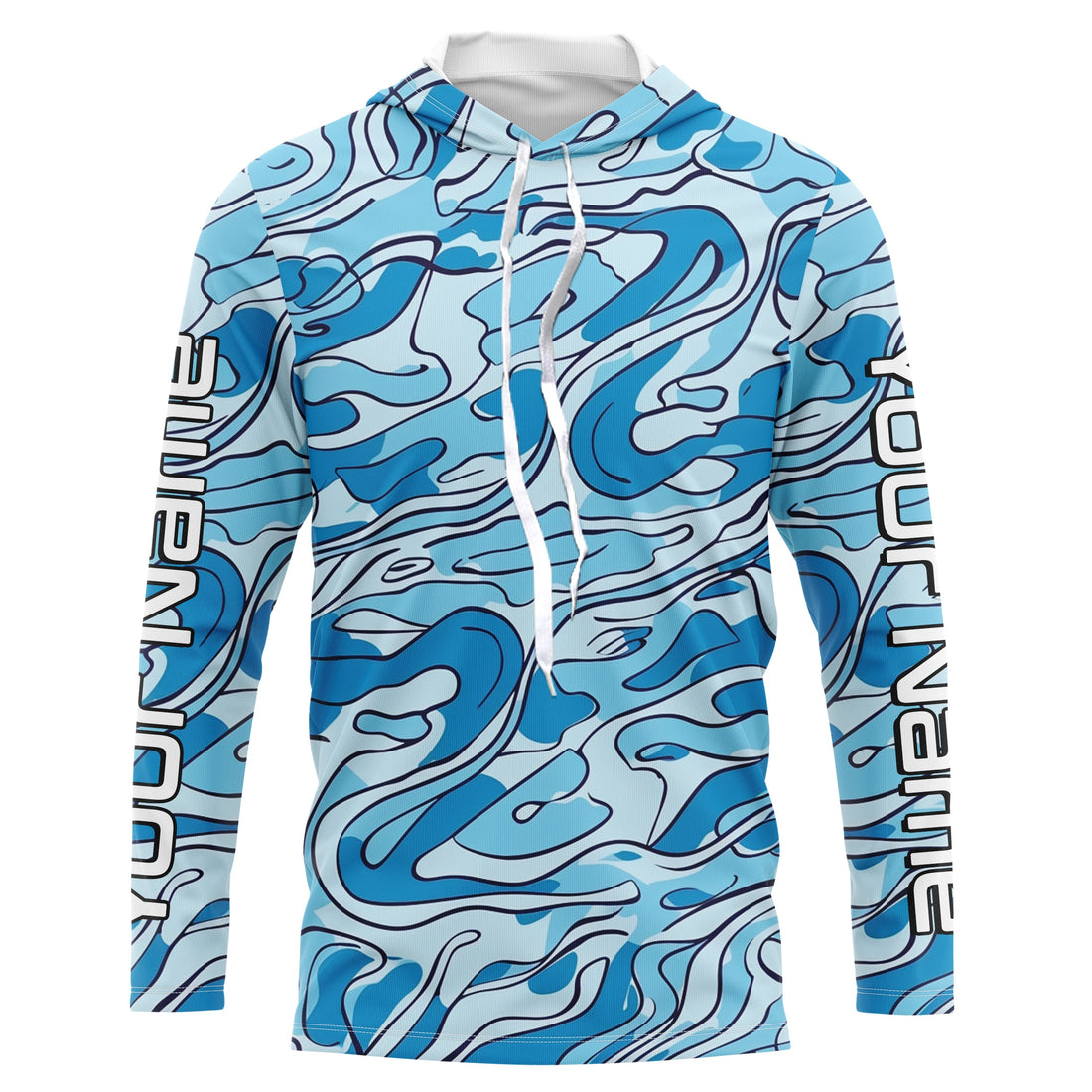 Turquoise Blue Camo Custom Long Sleeve Performance Fishing, Blue Camouflage Fishing