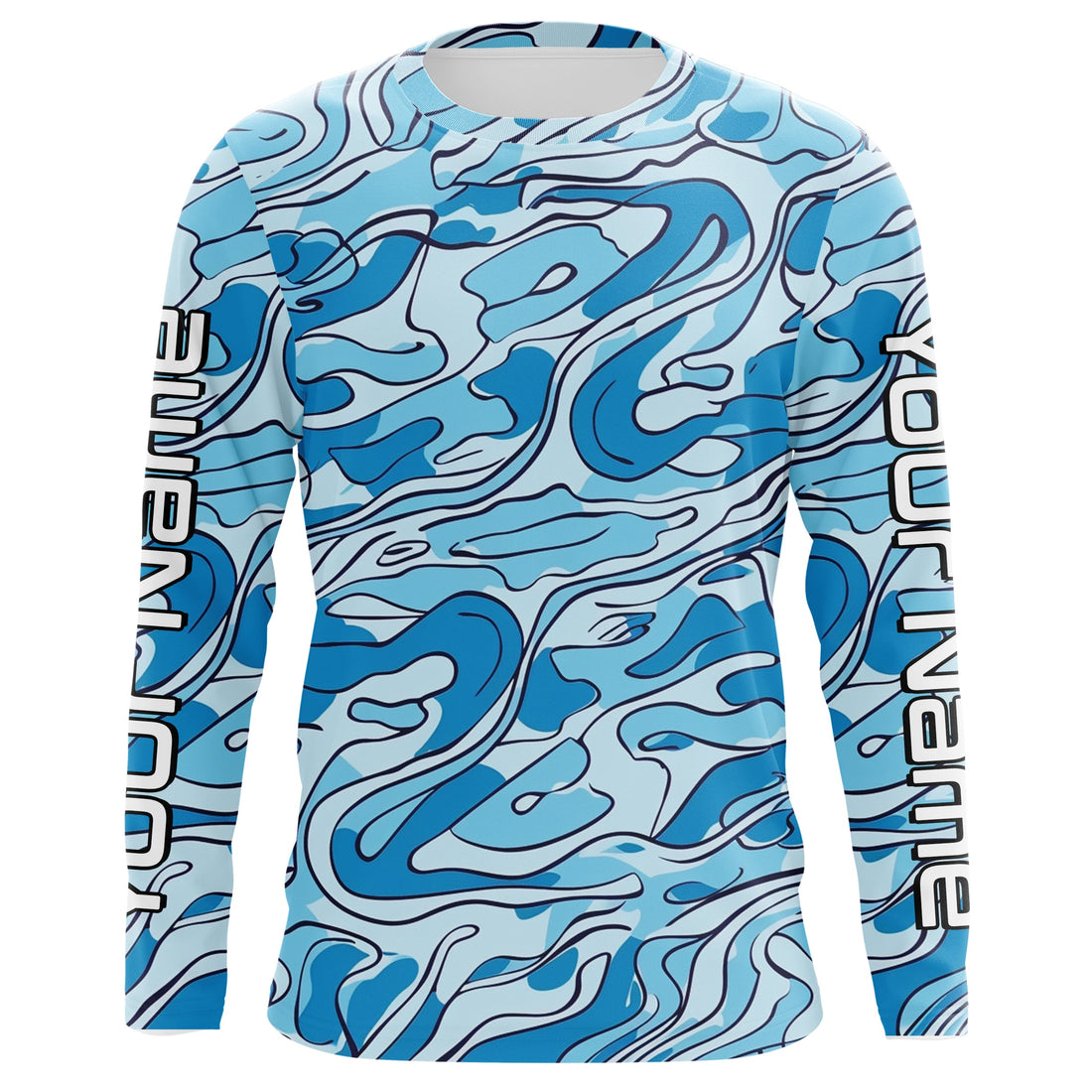 Turquoise Blue Camo Custom Long Sleeve Performance Fishing, Blue Camouflage Fishing