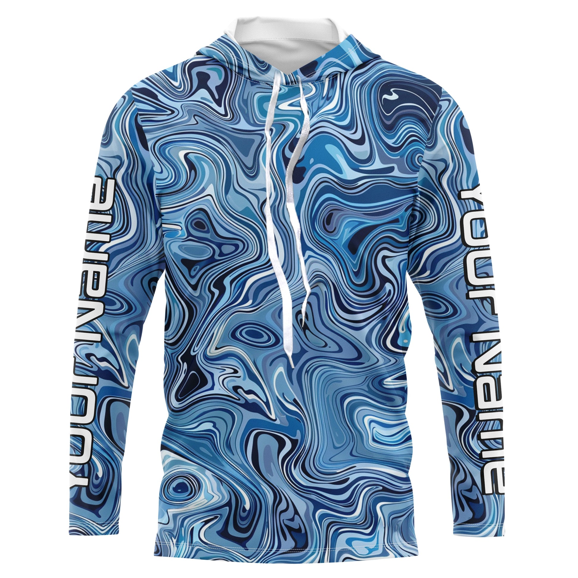 Turquoise Blue Camo Custom Long Sleeve Performance Fishing, Blue Camouflage Fishing