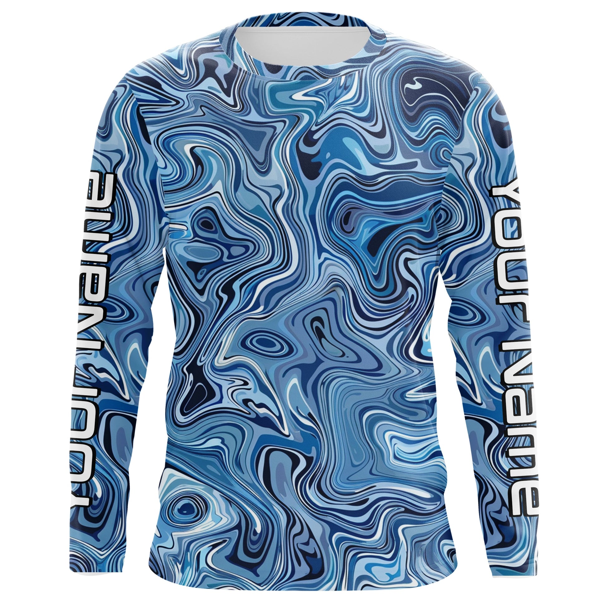 Turquoise Blue Camo Custom Long Sleeve Performance Fishing, Blue Camouflage Fishing