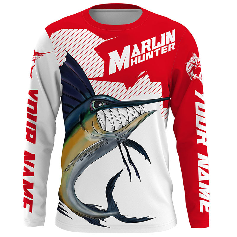Marlin hunter Fishing, Custom Angry Marlin Long sleeve performance Fishing |red