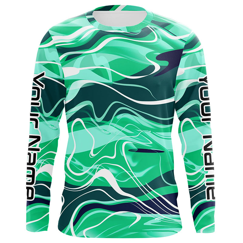 Green Water Waves Camo Custom Long Sleeve Performance Fishing Women, Fishing