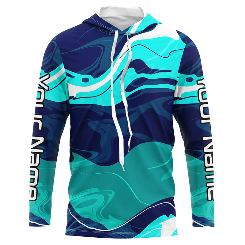 Blue And Green Water Camo Custom Long Sleeve Performance Fishing, Women And Kids