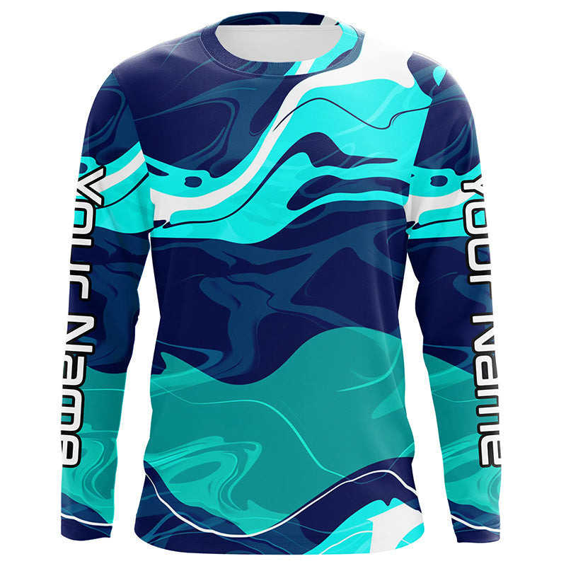 Blue And Green Water Camo Custom Long Sleeve Performance Fishing, Women And Kids