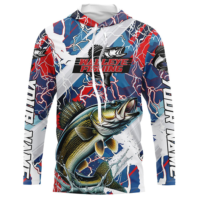 Red, White And Blue Lightning Camo Custom Walleye Long Sleeve Tournament Fishing