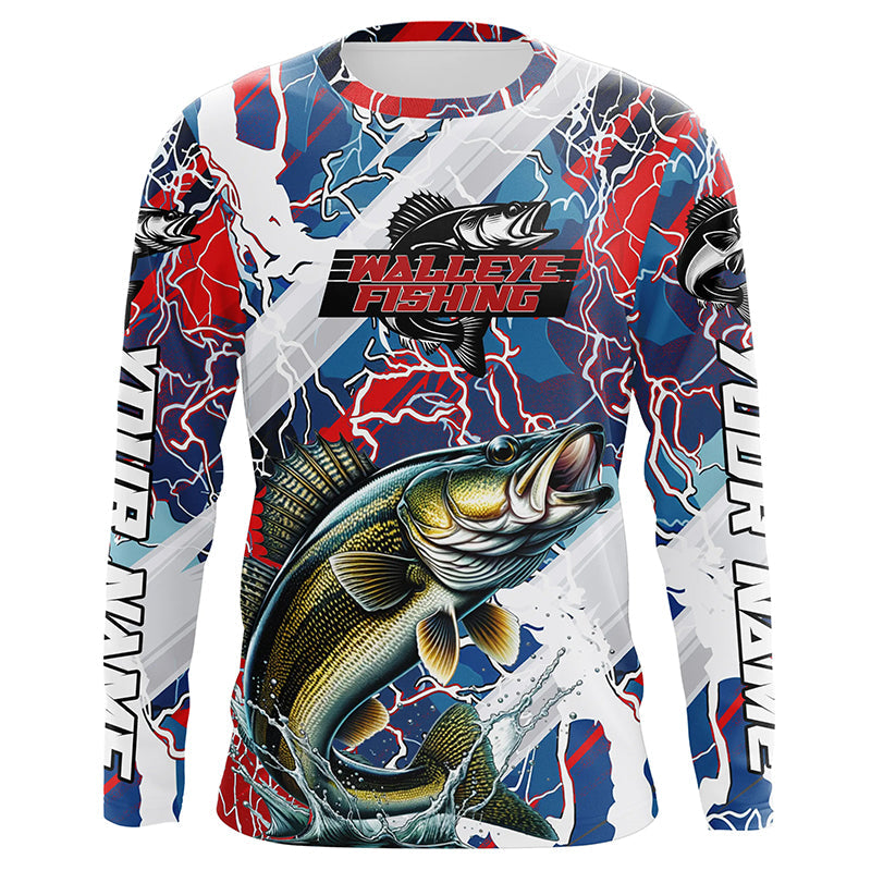 Red, White And Blue Lightning Camo Custom Walleye Long Sleeve Tournament Fishing