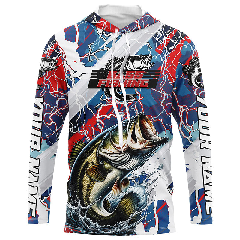 Red, White And Blue Lightning Camo Custom Largemouth Bass Long Sleeve Tournament Fishing
