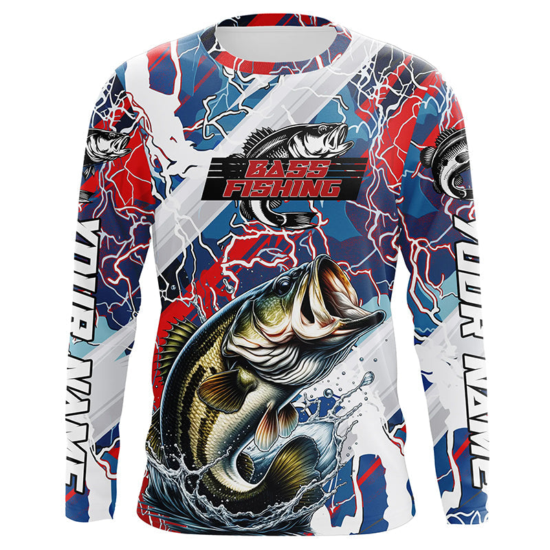 Red, White And Blue Lightning Camo Custom Largemouth Bass Long Sleeve Tournament Fishing