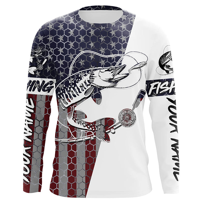 Custom Musky Fishing American Flag, Patriotic Musky Long Sleeve Fishing