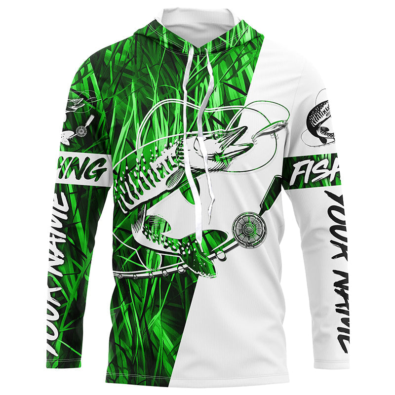 Musky Fishing Tattoo Green Grass Camo Custom Long Sleeve Tournament, Muskie Fishing