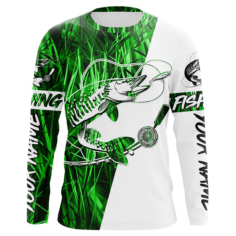 Musky Fishing Tattoo Green Grass Camo Custom Long Sleeve Tournament, Muskie Fishing