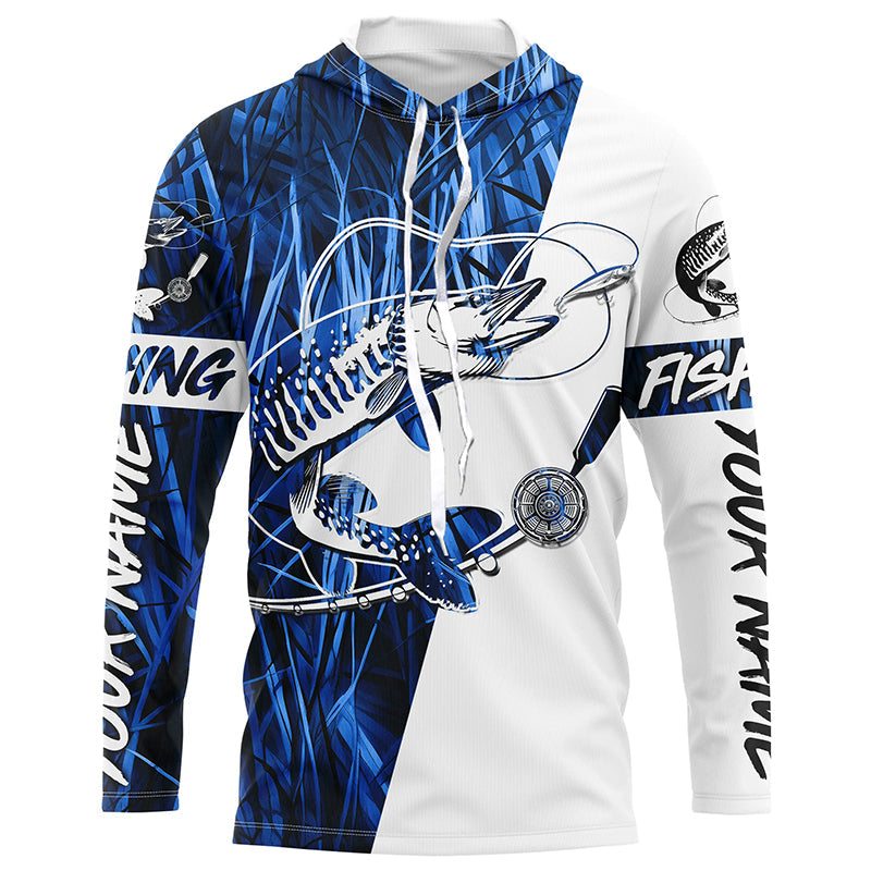 Musky Fishing Tattoo Blue Grass Camo Custom Long Sleeve Tournament, Muskie Fishing