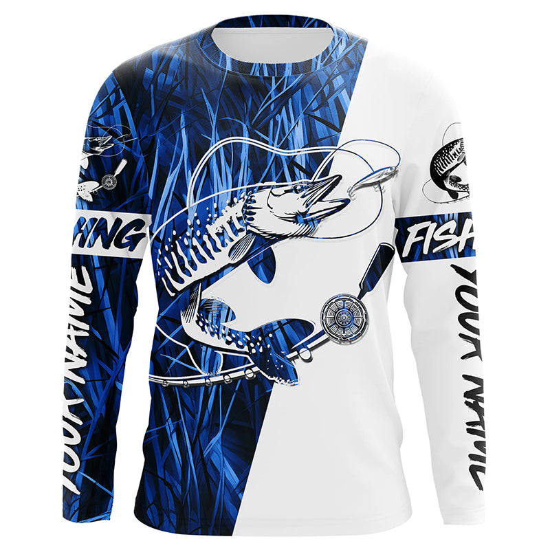 Musky Fishing Tattoo Blue Grass Camo Custom Long Sleeve Tournament, Muskie Fishing
