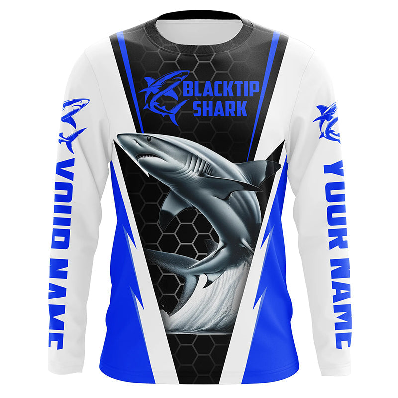 Blacktip Shark Fishing Custom Long Sleeve Performance, Shark Fishing Apparel | Blue